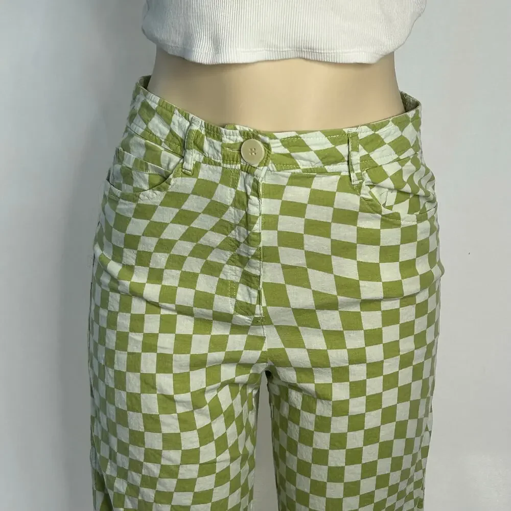 Zara Green White Checkerboard Wide Leg Pants Women’s L High Rise Linen Blend